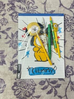 BT21 Chimmy Notepad & Cute Chimmy Pens - Yellow/Green/White